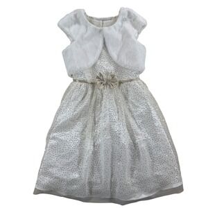 Jona Michelle Girls Sequin Party Dress with Faux Fur Bolero Shrug White Size 12